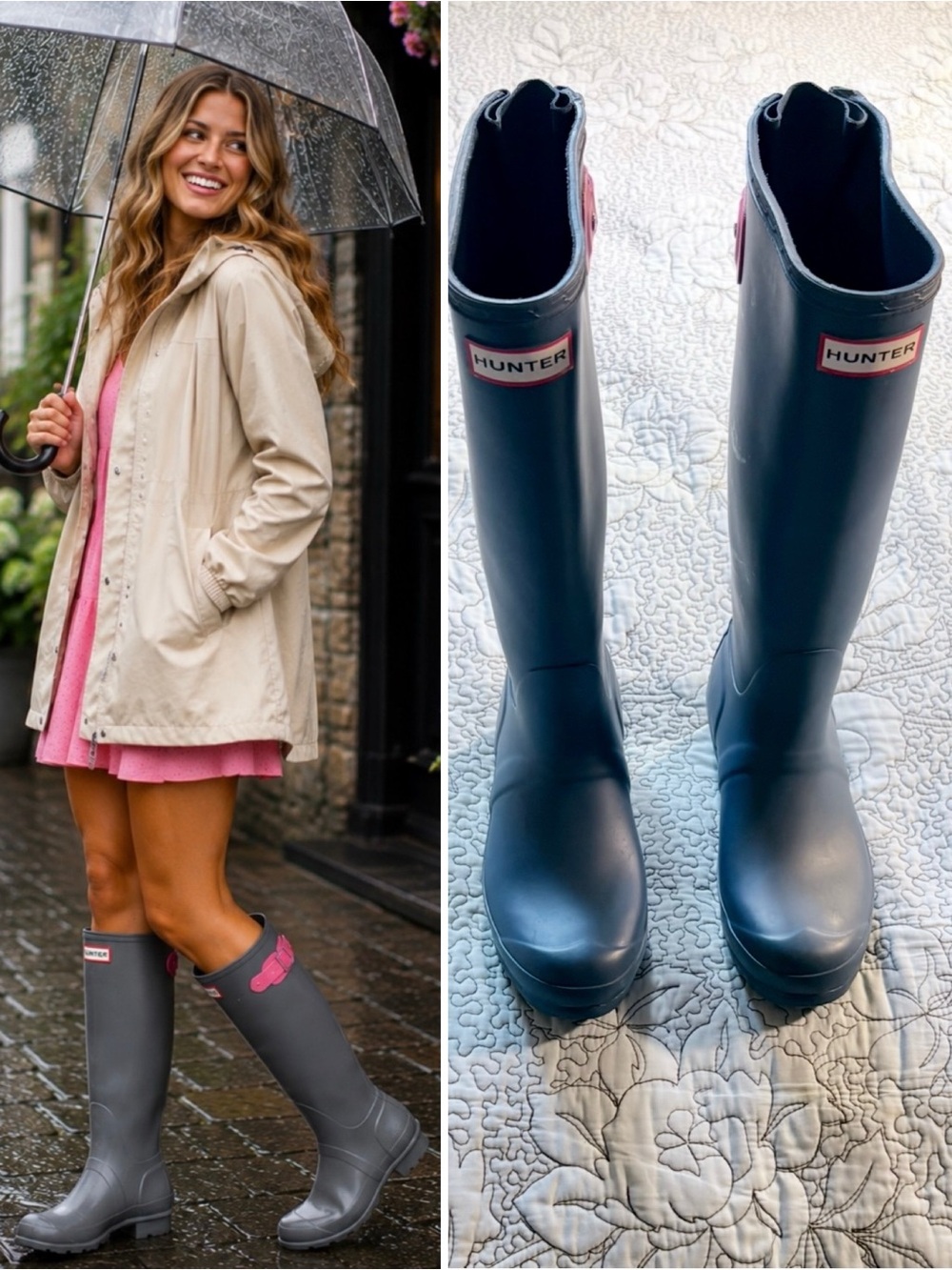 💥Hunter Original Tall Rain Boots Gray Pink Buckle Waterproof Wellies Sz 5❤️
